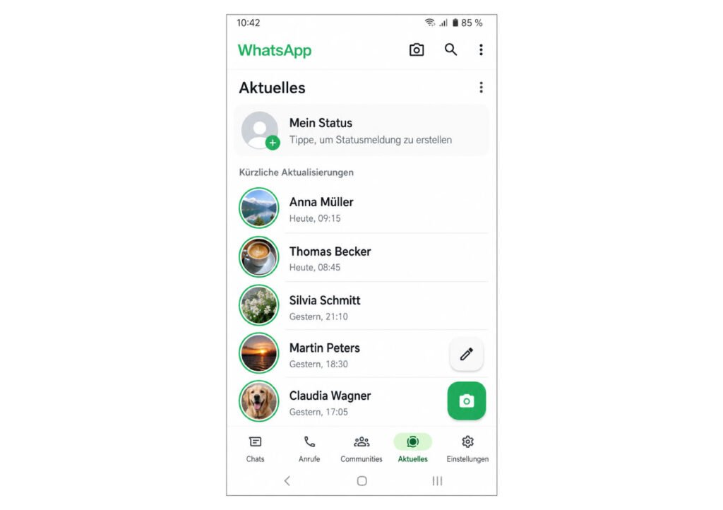 WhatsApp Bereich Aktuelles oder Updates öffnen