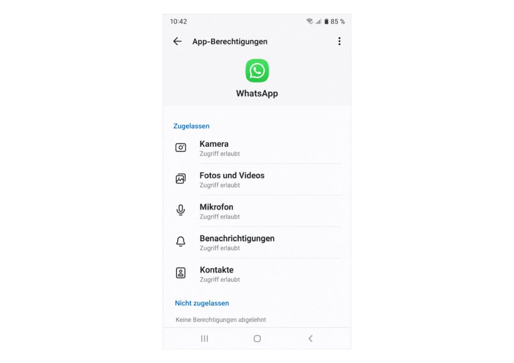 Samsung Einstellungen mit WhatsApp Berechtigungen