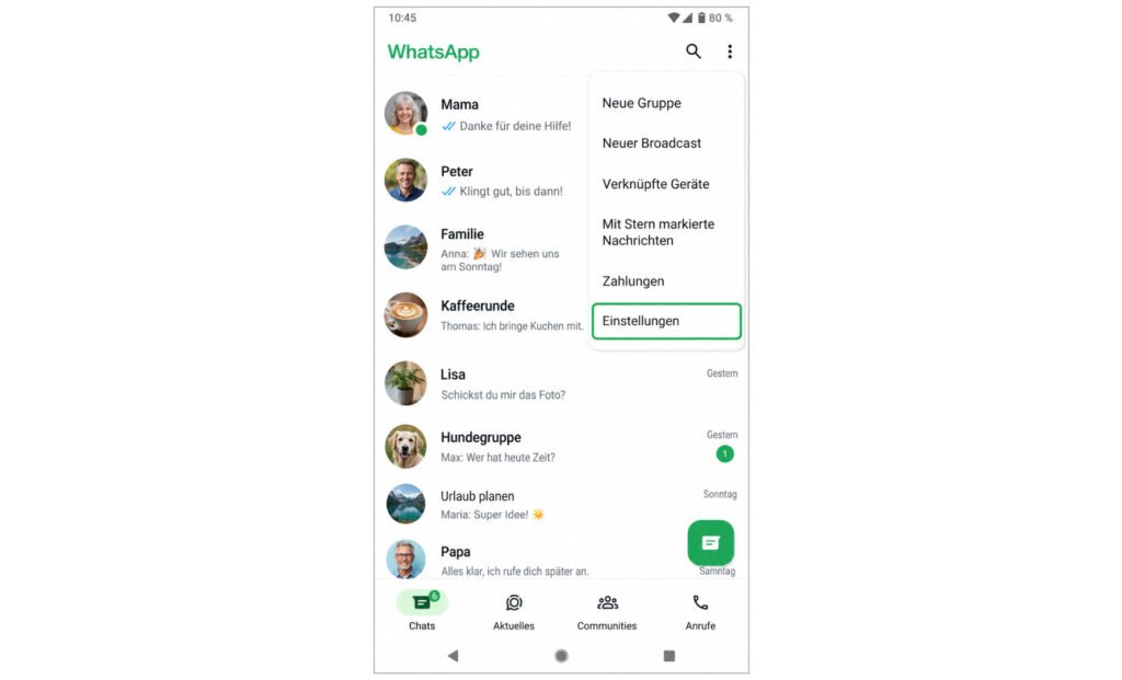 WhatsApp-Menü mit den drei Punkten öffnen