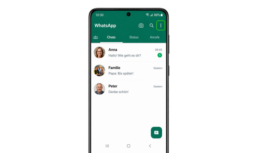 Drei Punkte oben rechts in WhatsApp