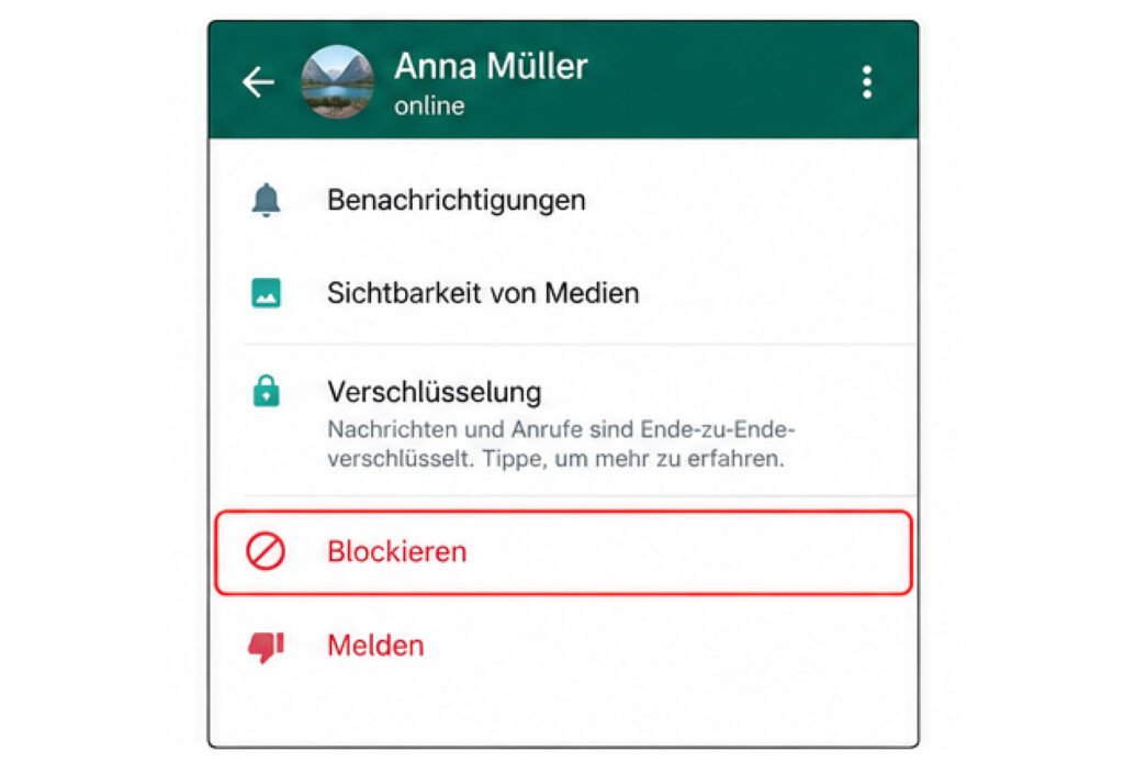 Im Kontaktbereich nach unten zu „Blockieren“ scrollen