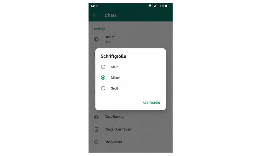 WhatsApp Schriftgröße Klein Mittel Groß