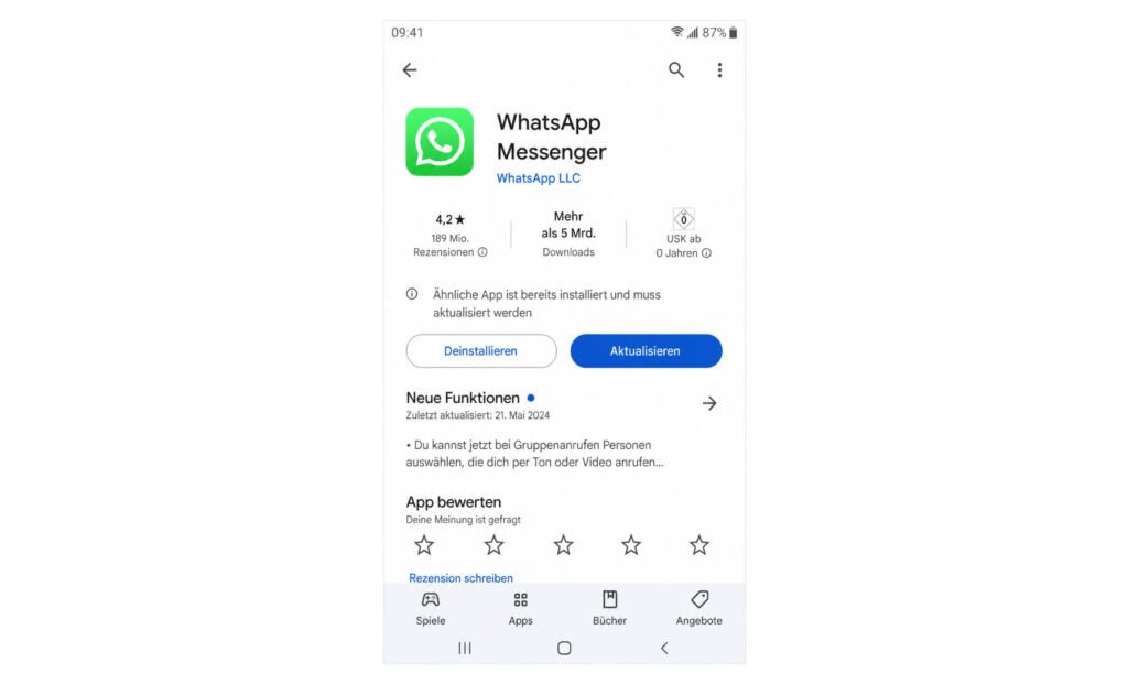 WhatsApp mit Schaltfläche Aktualisieren