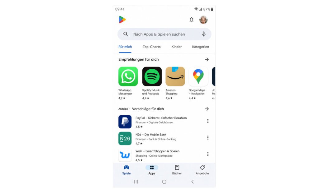 Google Play Store mit Profilbild oben rechts