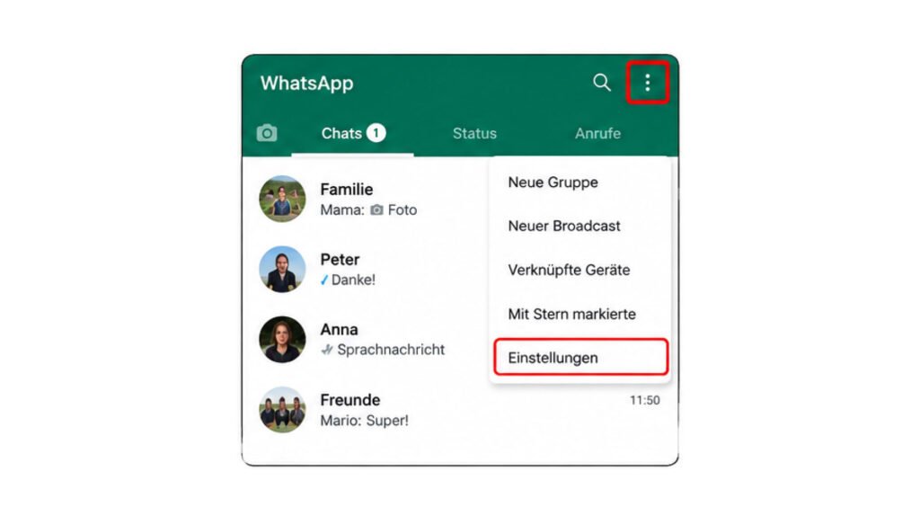 WhatsApp Einstellungen über die drei Punkte öffnen