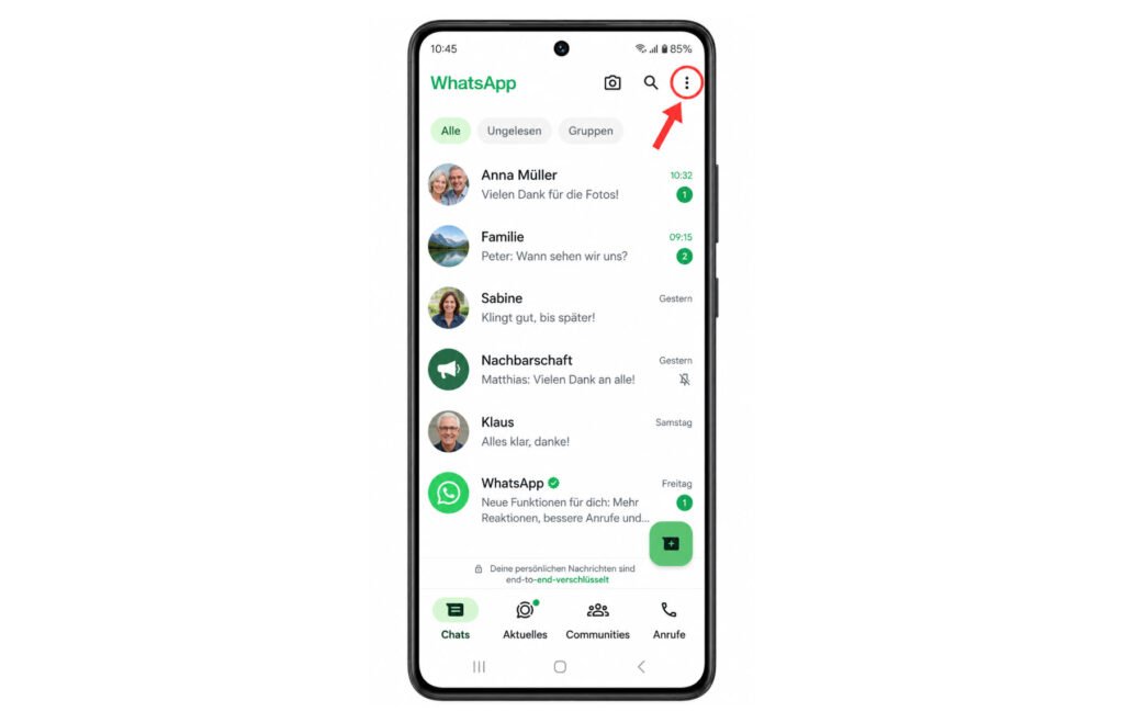 Drei Punkte oben rechts in WhatsApp