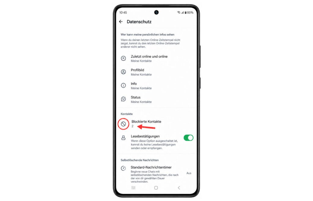 Datenschutz und Blockierte Kontakte öffnen