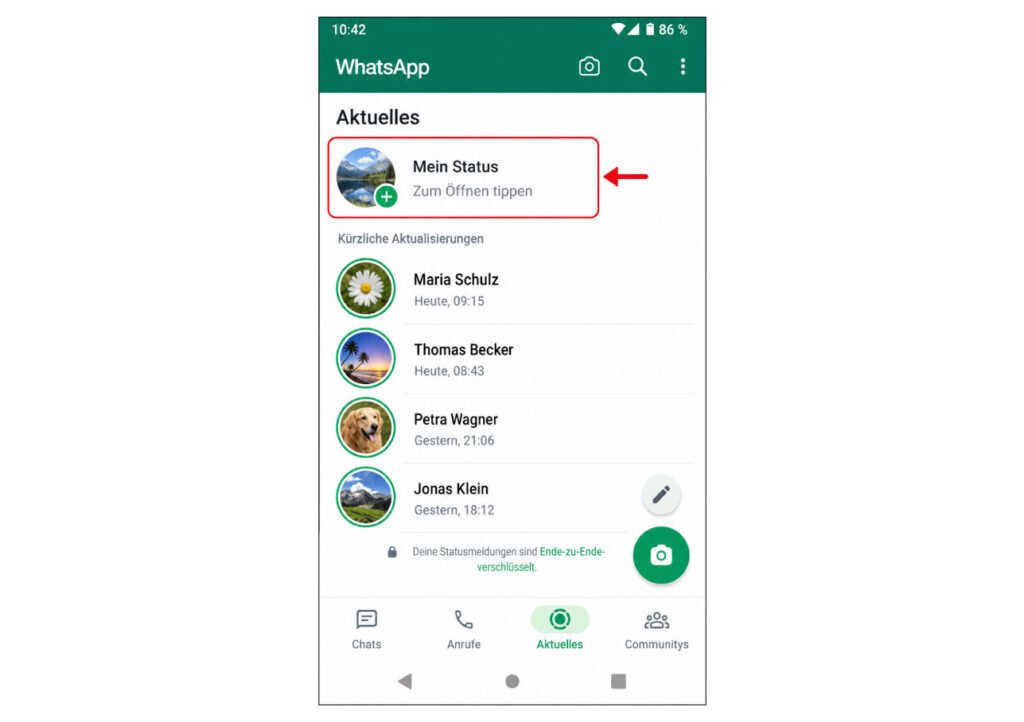 WhatsApp Bereich Aktuelles mit Mein Status