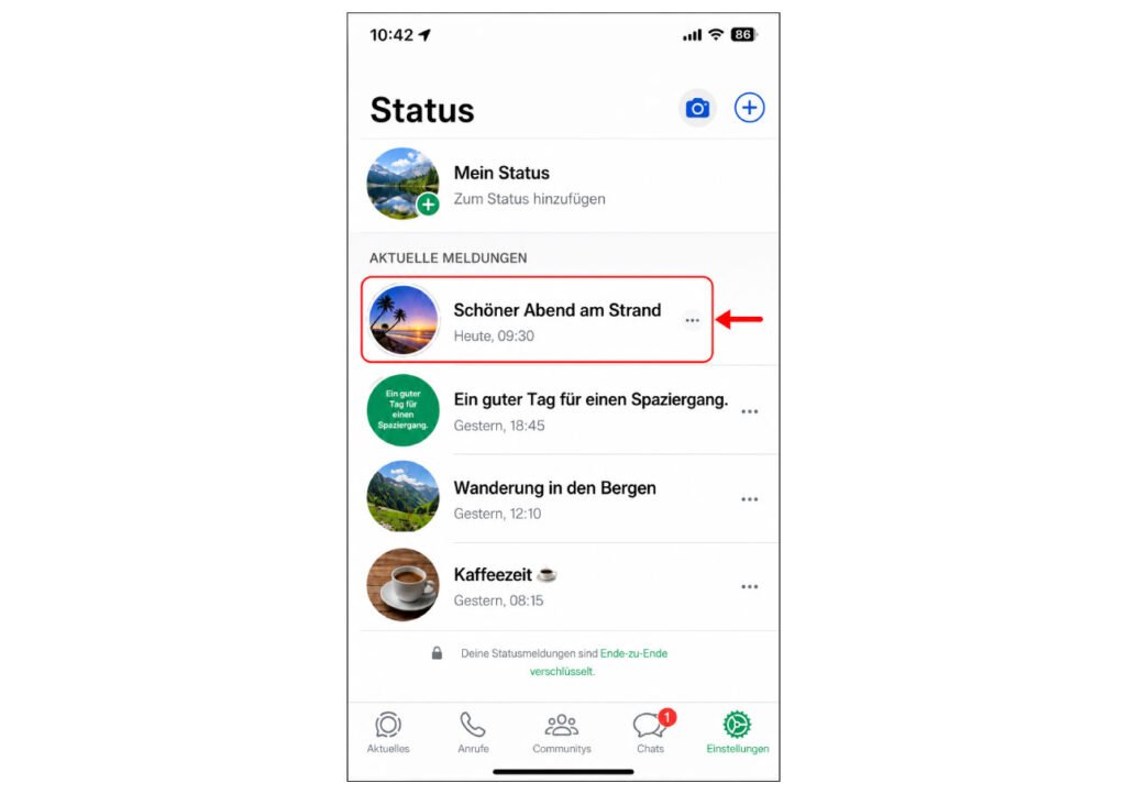 Mein Status und Drei-Punkte-Menü auf dem iPhone