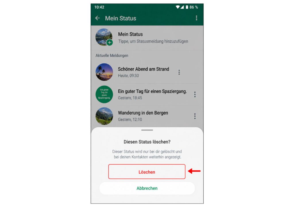 Löschen eines WhatsApp Status auf dem iPhone bestätigen