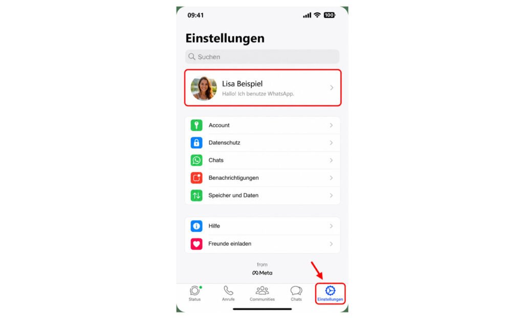 Einstellungen oder Profilbild unten in WhatsApp auf dem iPhone