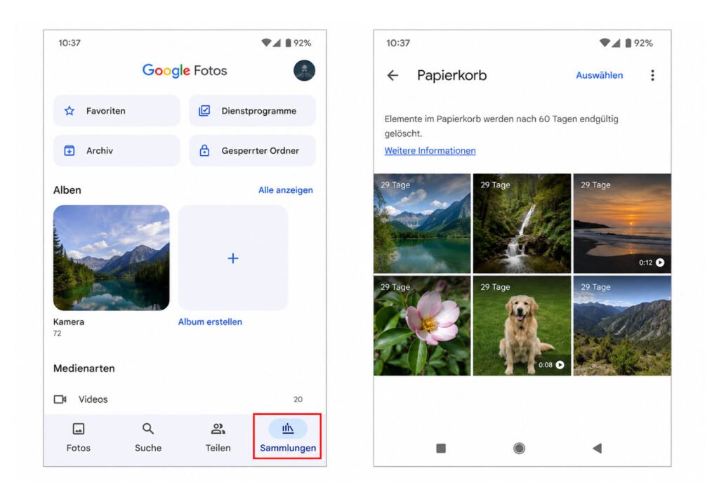 Google Fotos mit Sammlungen und Papierkorb