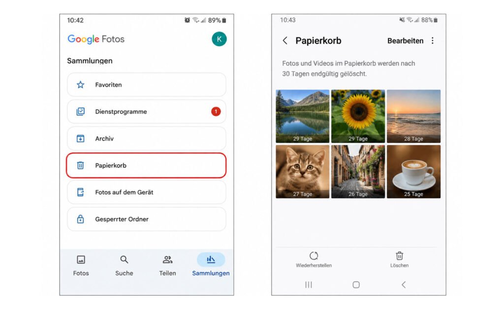 Samsung Galerie mit geöffnetem Papierkorb