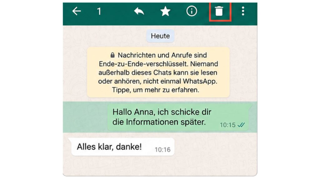 Papierkorb-Symbol nach Auswahl einer WhatsApp-Nachricht
