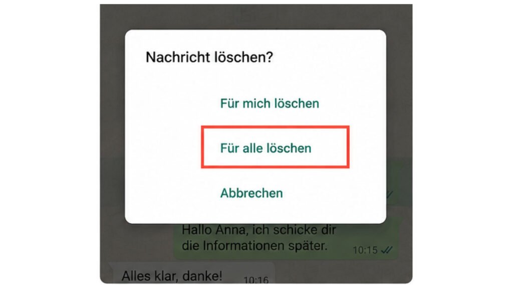Auswahl zwischen Für mich löschen und Für alle löschen