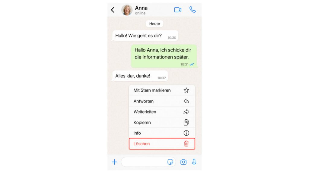Löschen-Menü einer WhatsApp-Nachricht auf dem iPhone