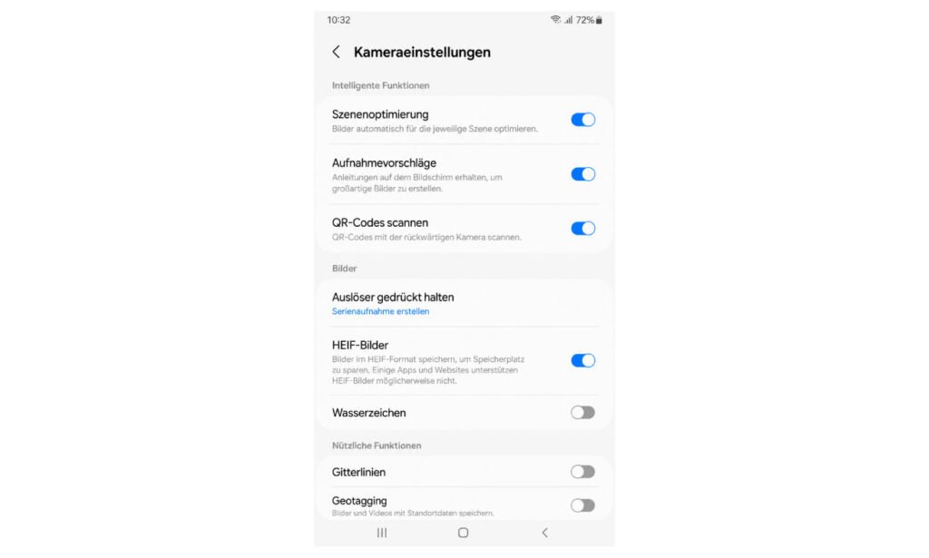 Samsung Kamera-Einstellungen mit QR-Code-Funktion