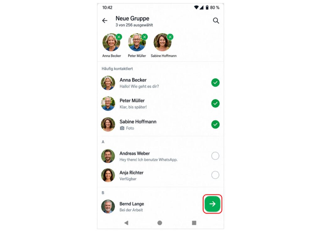 Kontakte für die neue WhatsApp-Gruppe auswählen