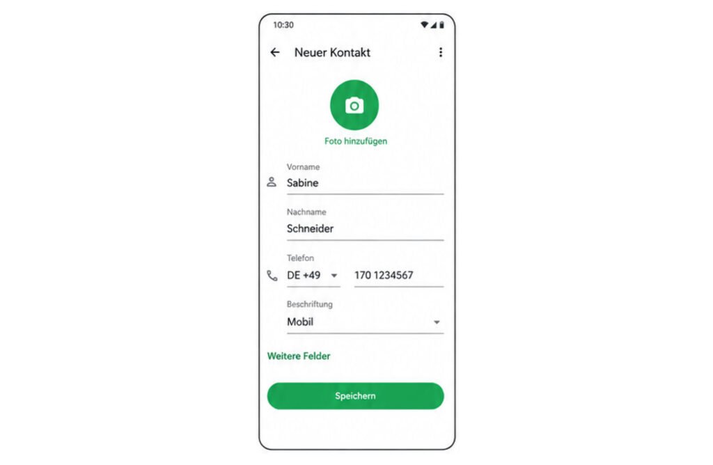 Name und Telefonnummer des neuen Kontakts eingeben
