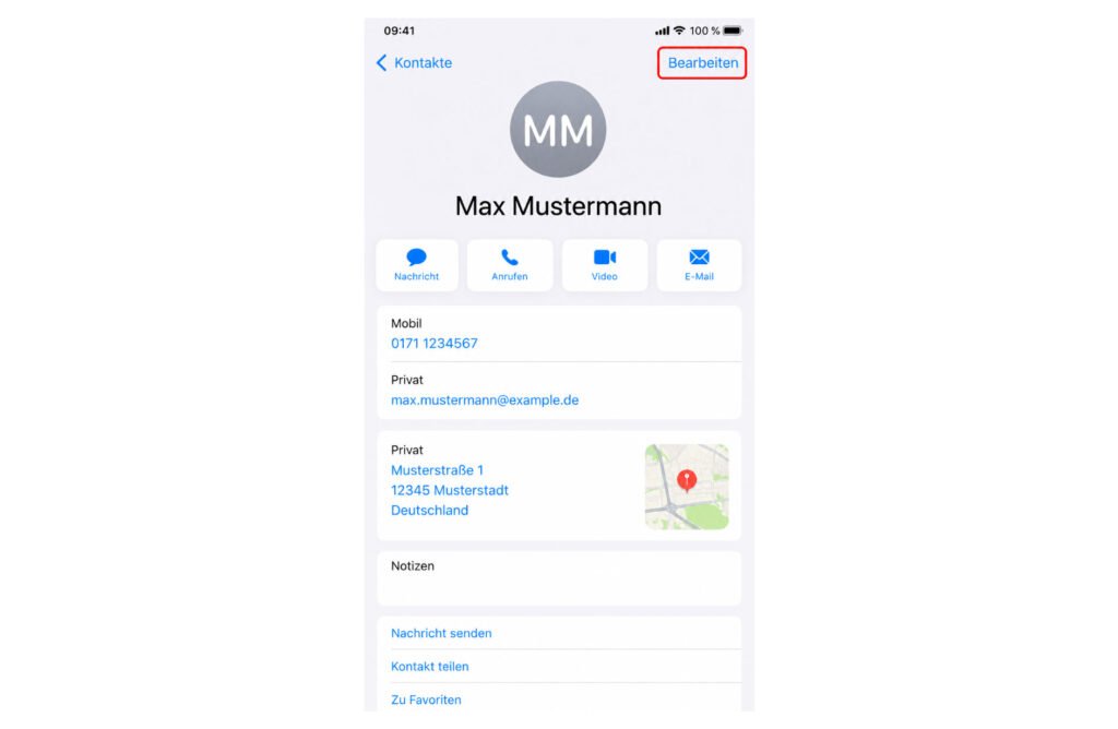 Auf dem iPhone Kontakt öffnen und Bearbeiten wählen