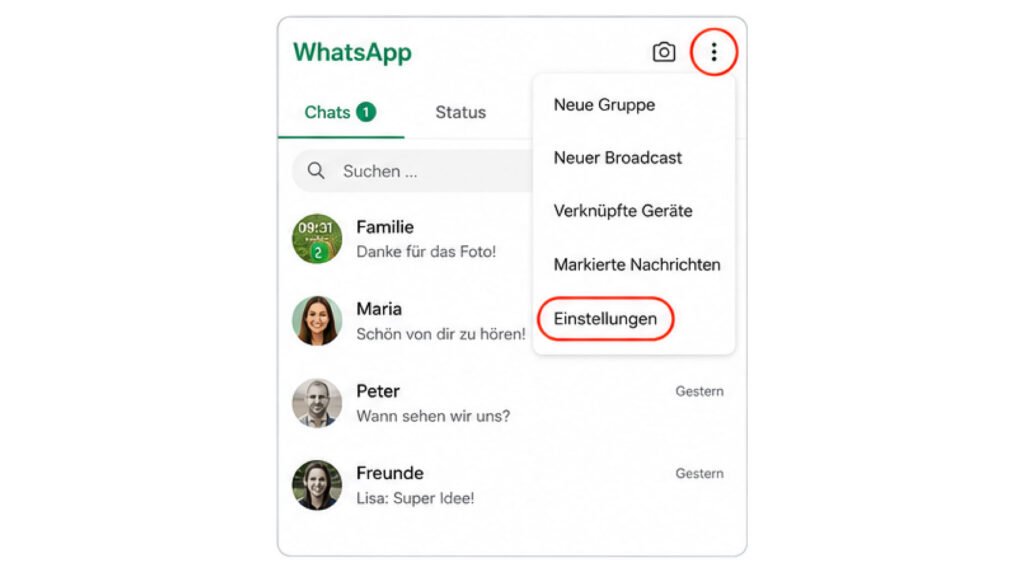 WhatsApp Einstellungen über die drei Punkte öffnen