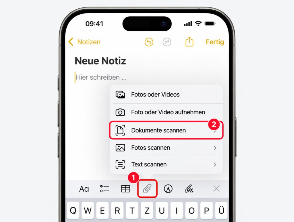 In Notizen „Dokumente scannen“ auswählen