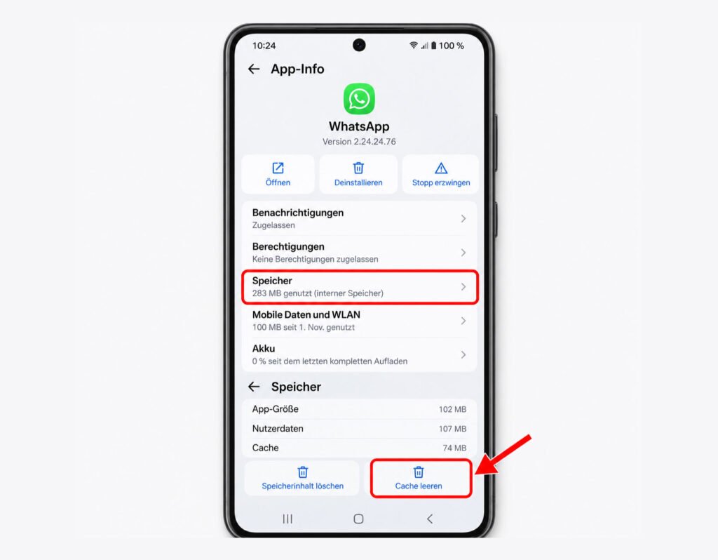 App-Info mit Speicher und Cache leeren